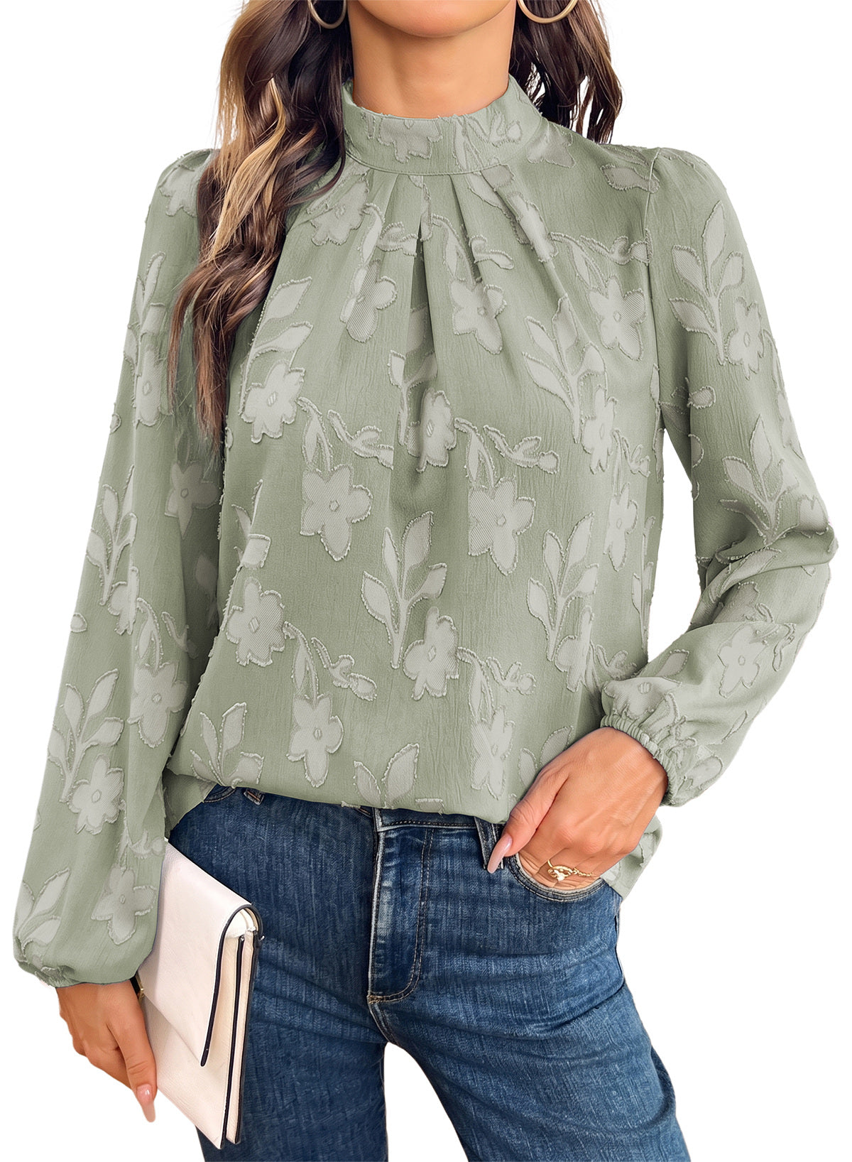 Dokotoo Womens Tops Mock Neck Pleated Floral Burnout Long Sleeve Shirts