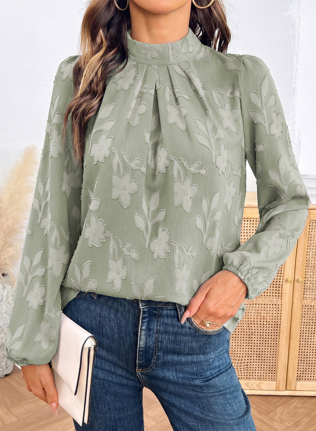 Dokotoo Womens Tops Mock Neck Pleated Floral Burnout Long Sleeve Shirts