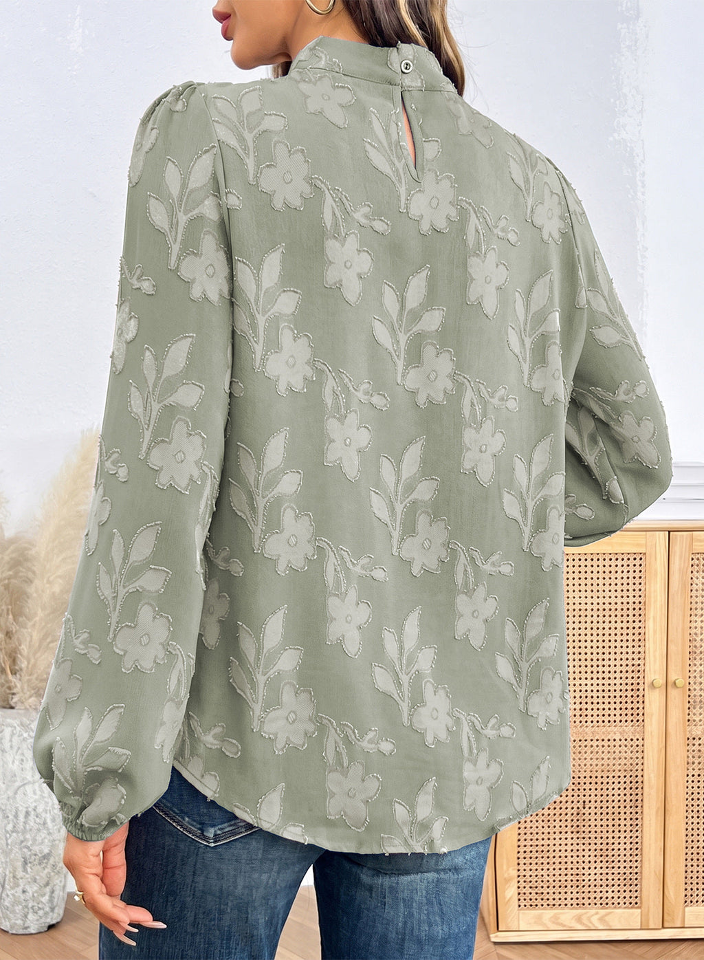 Dokotoo Womens Tops Mock Neck Pleated Floral Burnout Long Sleeve Shirts