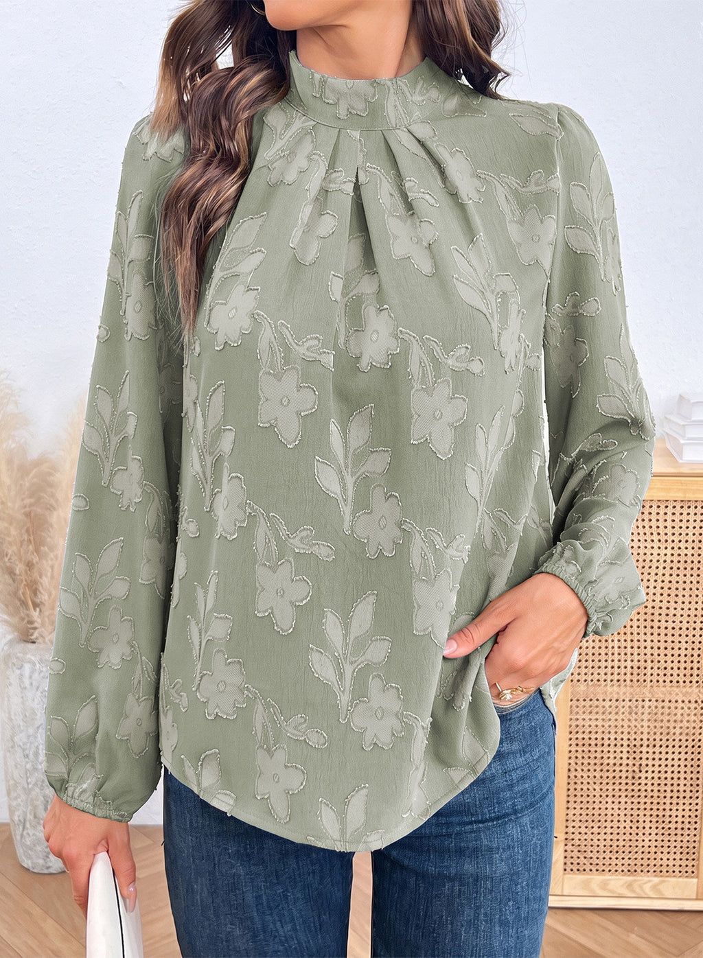 Dokotoo Womens Tops Mock Neck Pleated Floral Burnout Long Sleeve Shirts