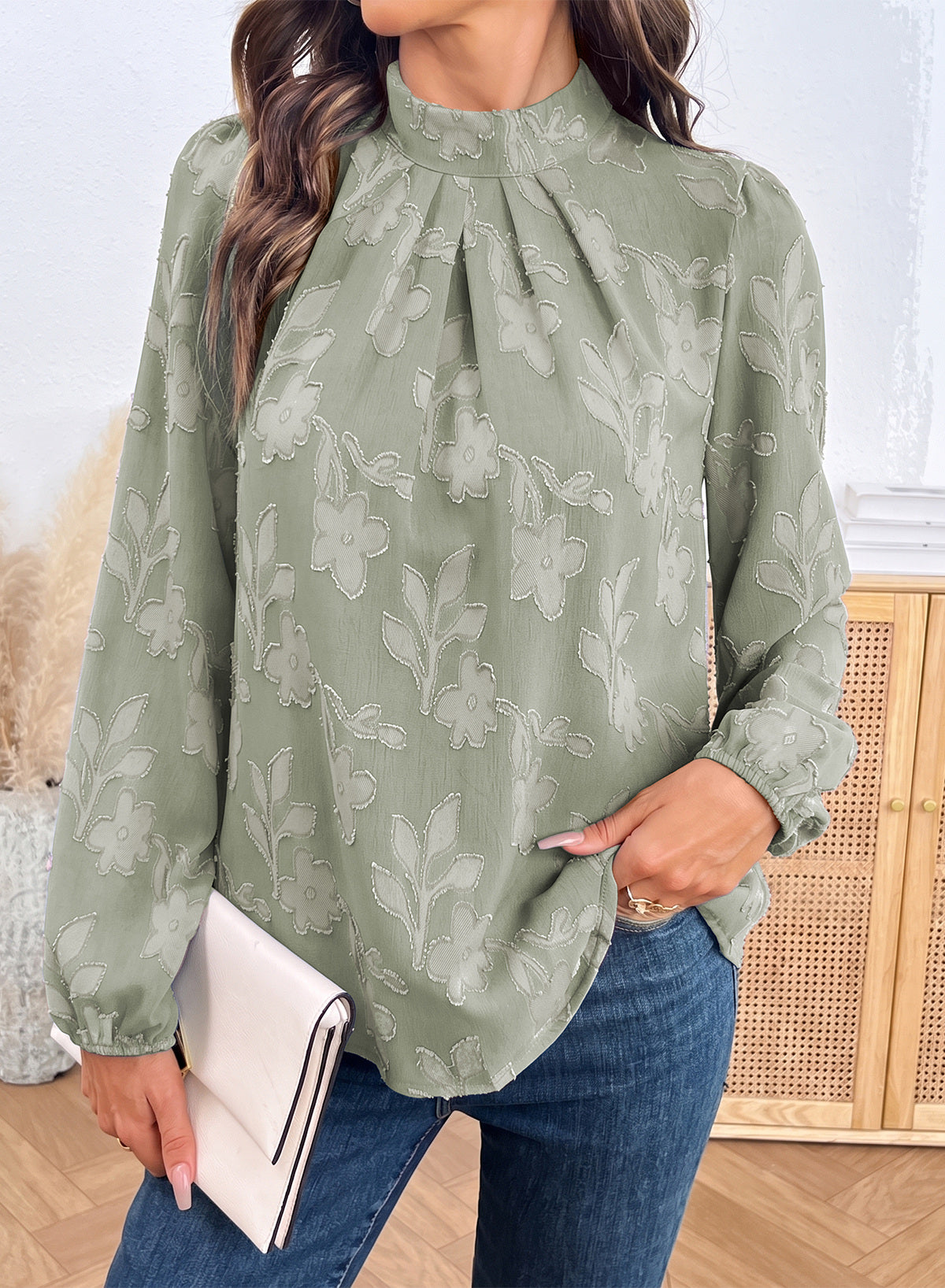 Dokotoo Womens Tops Mock Neck Pleated Floral Burnout Long Sleeve Shirts