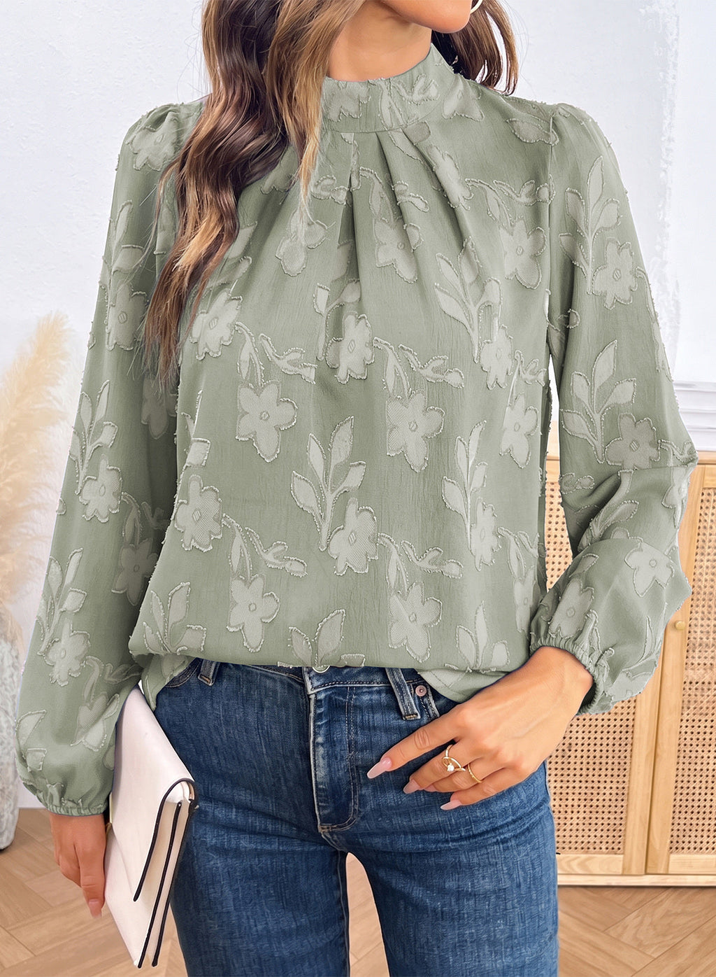 Dokotoo Womens Tops Mock Neck Pleated Floral Burnout Long Sleeve Shirts