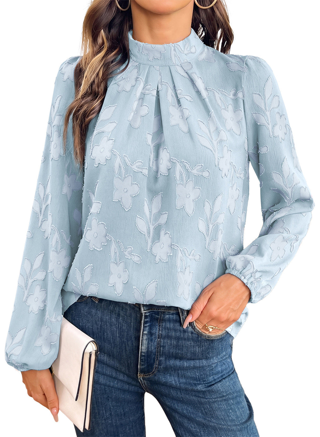 Dokotoo Womens Tops Mock Neck Pleated Floral Burnout Long Sleeve Shirts