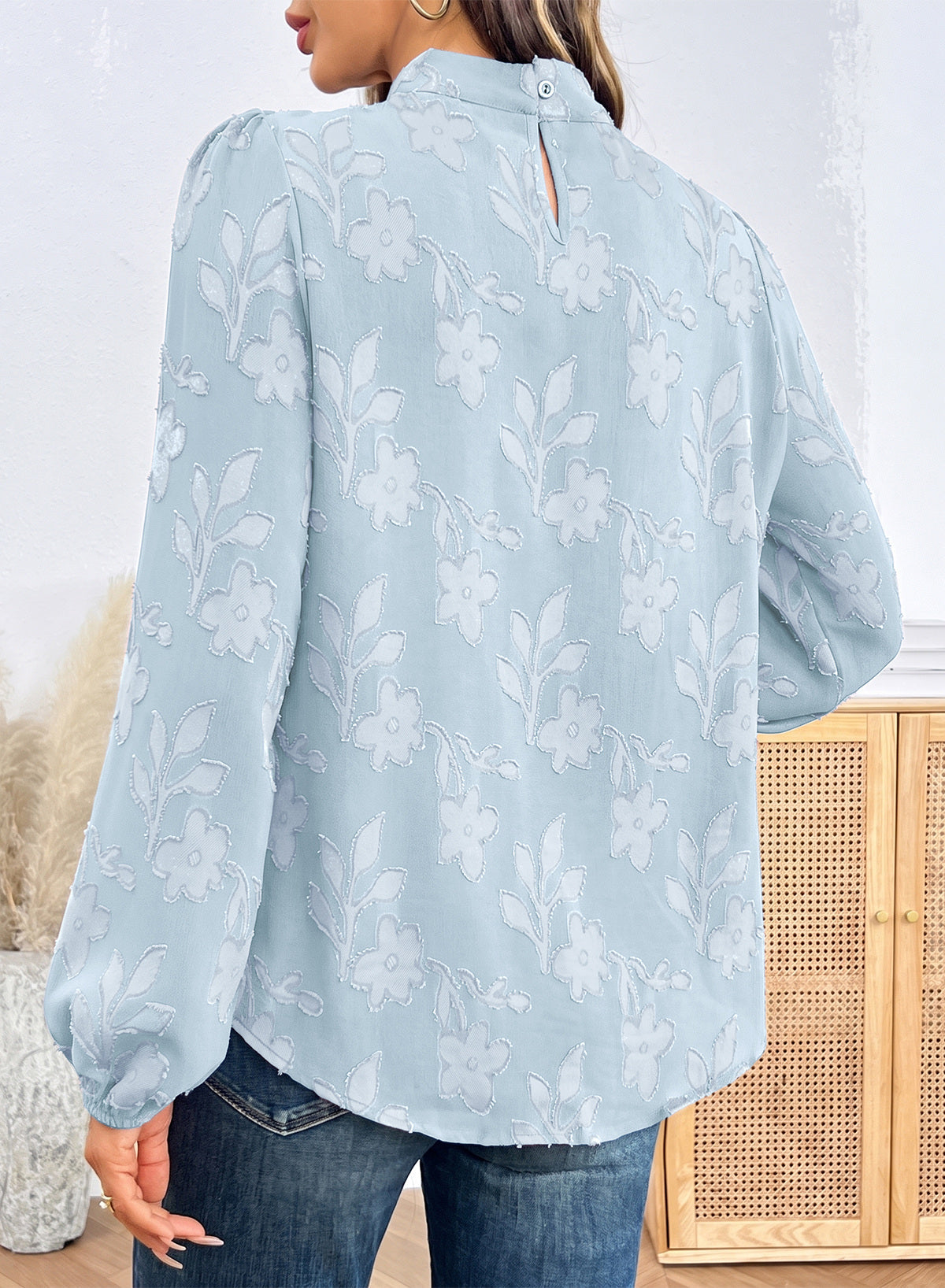 Dokotoo Womens Tops Mock Neck Pleated Floral Burnout Long Sleeve Shirts
