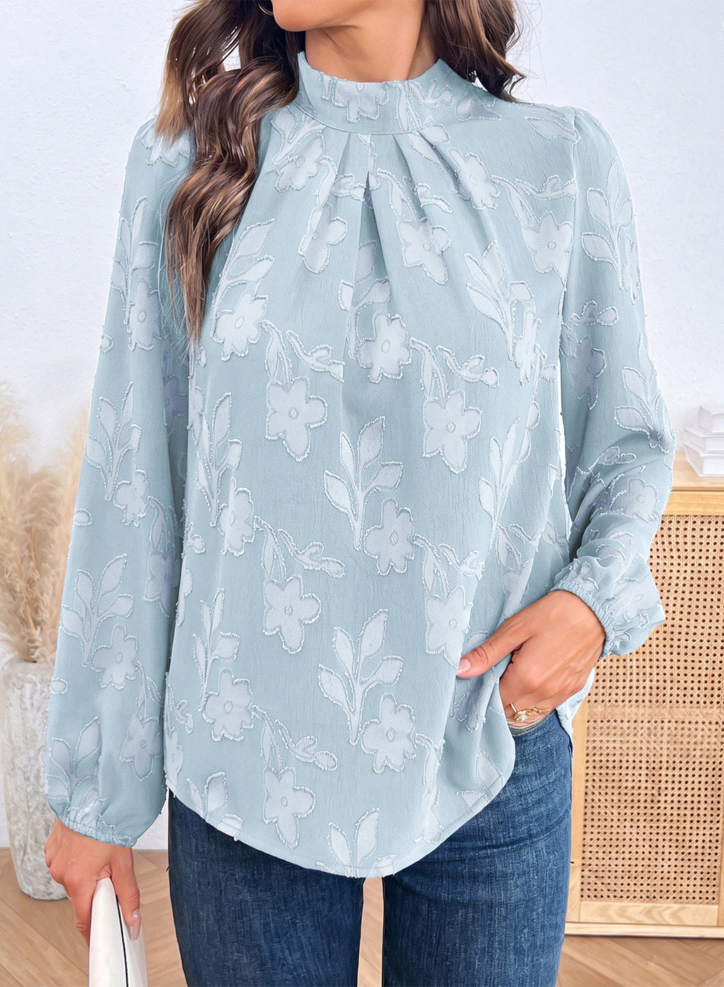 Dokotoo Womens Tops Mock Neck Pleated Floral Burnout Long Sleeve Shirts