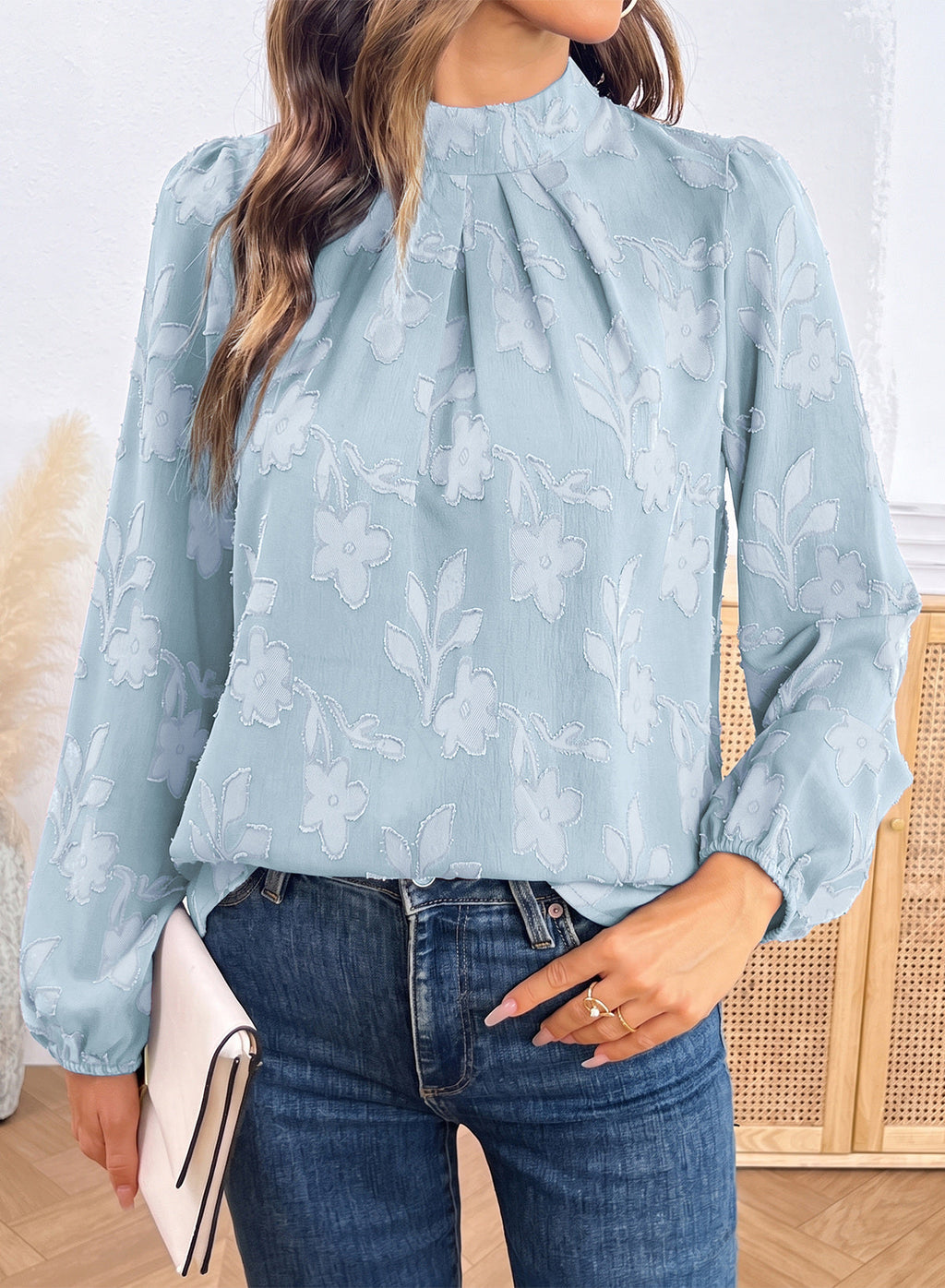 Dokotoo Womens Tops Mock Neck Pleated Floral Burnout Long Sleeve Shirts