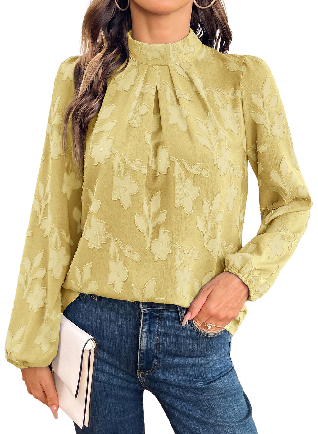 Dokotoo Womens Tops Mock Neck Pleated Floral Burnout Long Sleeve Shirts