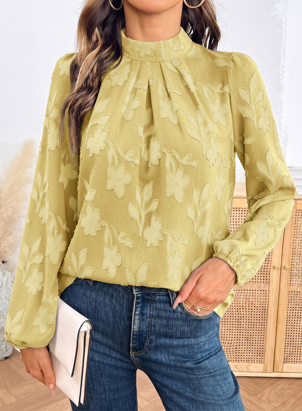 Dokotoo Womens Tops Mock Neck Pleated Floral Burnout Long Sleeve Shirts