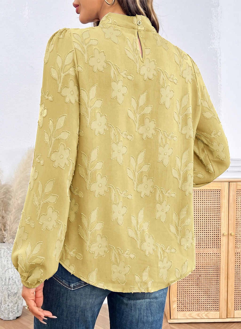 Dokotoo Womens Tops Mock Neck Pleated Floral Burnout Long Sleeve Shirts