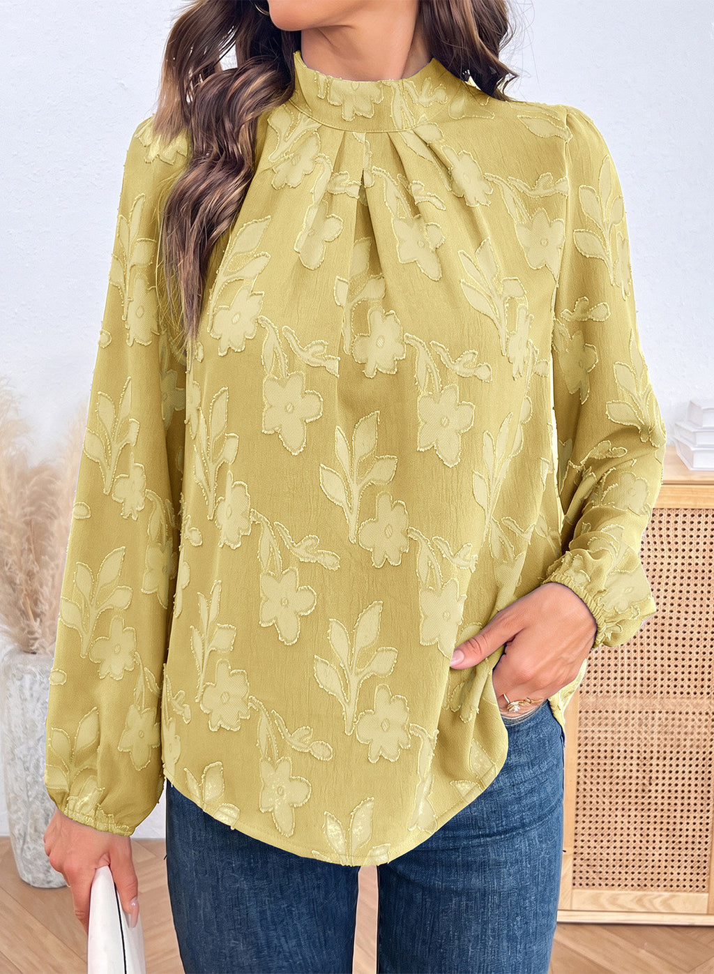 Dokotoo Womens Tops Mock Neck Pleated Floral Burnout Long Sleeve Shirts