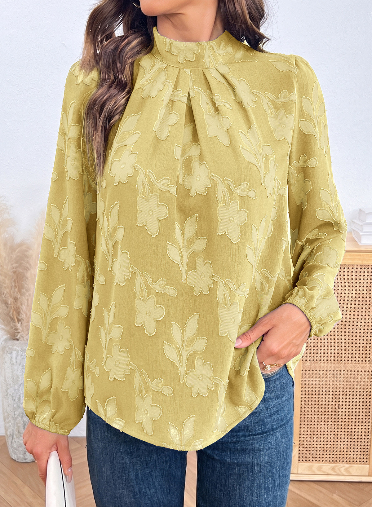 Dokotoo Womens Tops Mock Neck Pleated Floral Burnout Long Sleeve Shirts