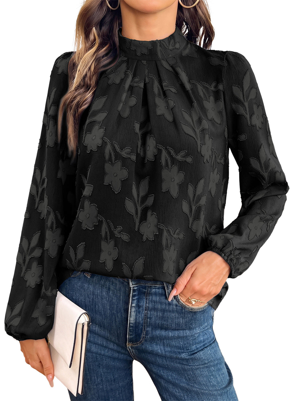 Dokotoo Womens Tops Mock Neck Pleated Floral Burnout Long Sleeve Shirts