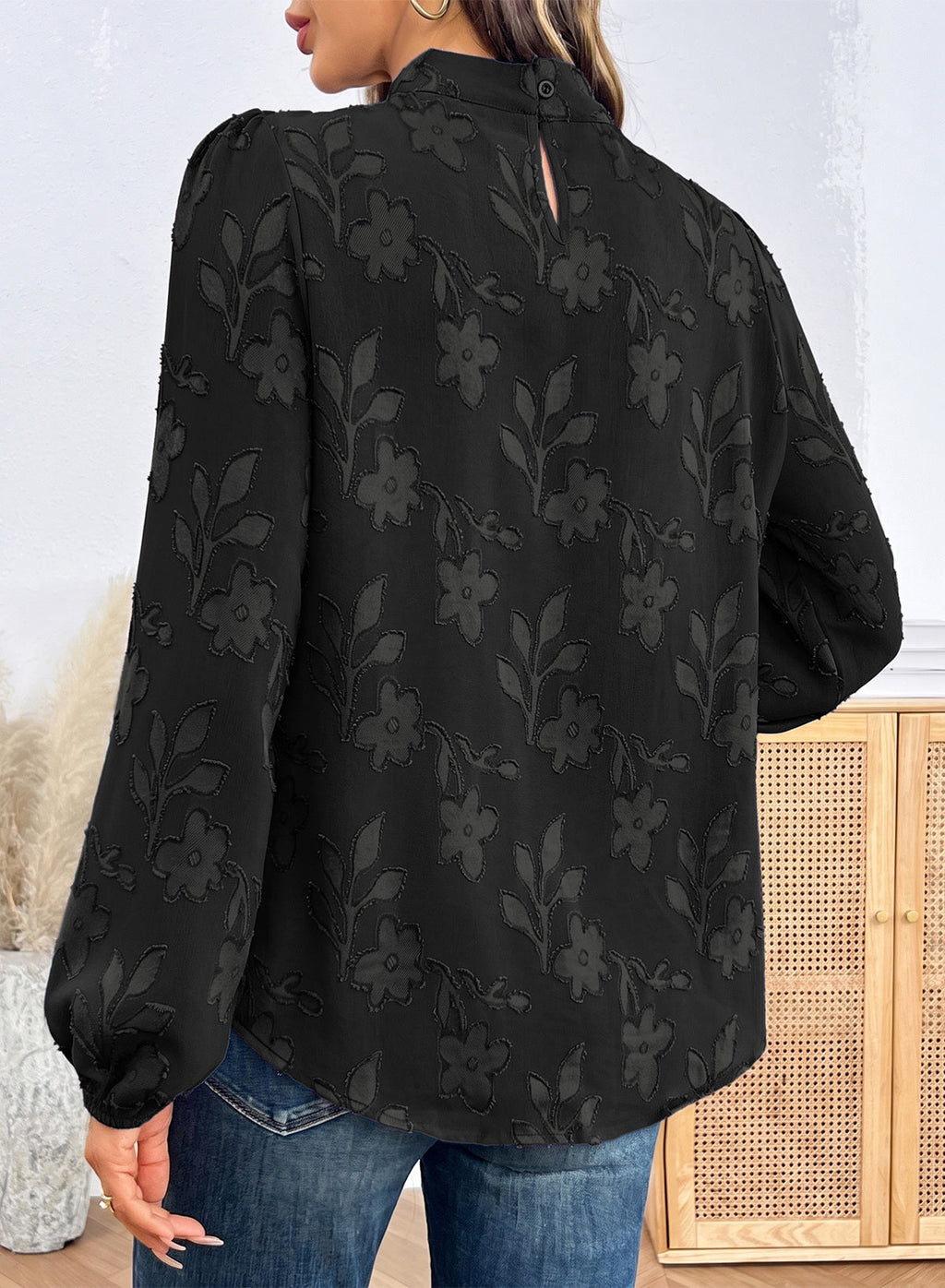 Dokotoo Womens Tops Mock Neck Pleated Floral Burnout Long Sleeve Shirts