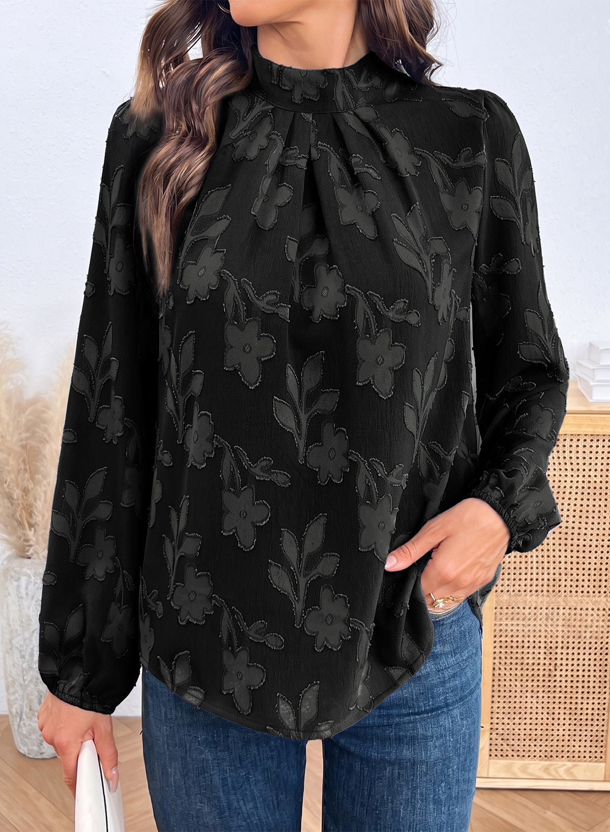 Dokotoo Womens Tops Mock Neck Pleated Floral Burnout Long Sleeve Shirts