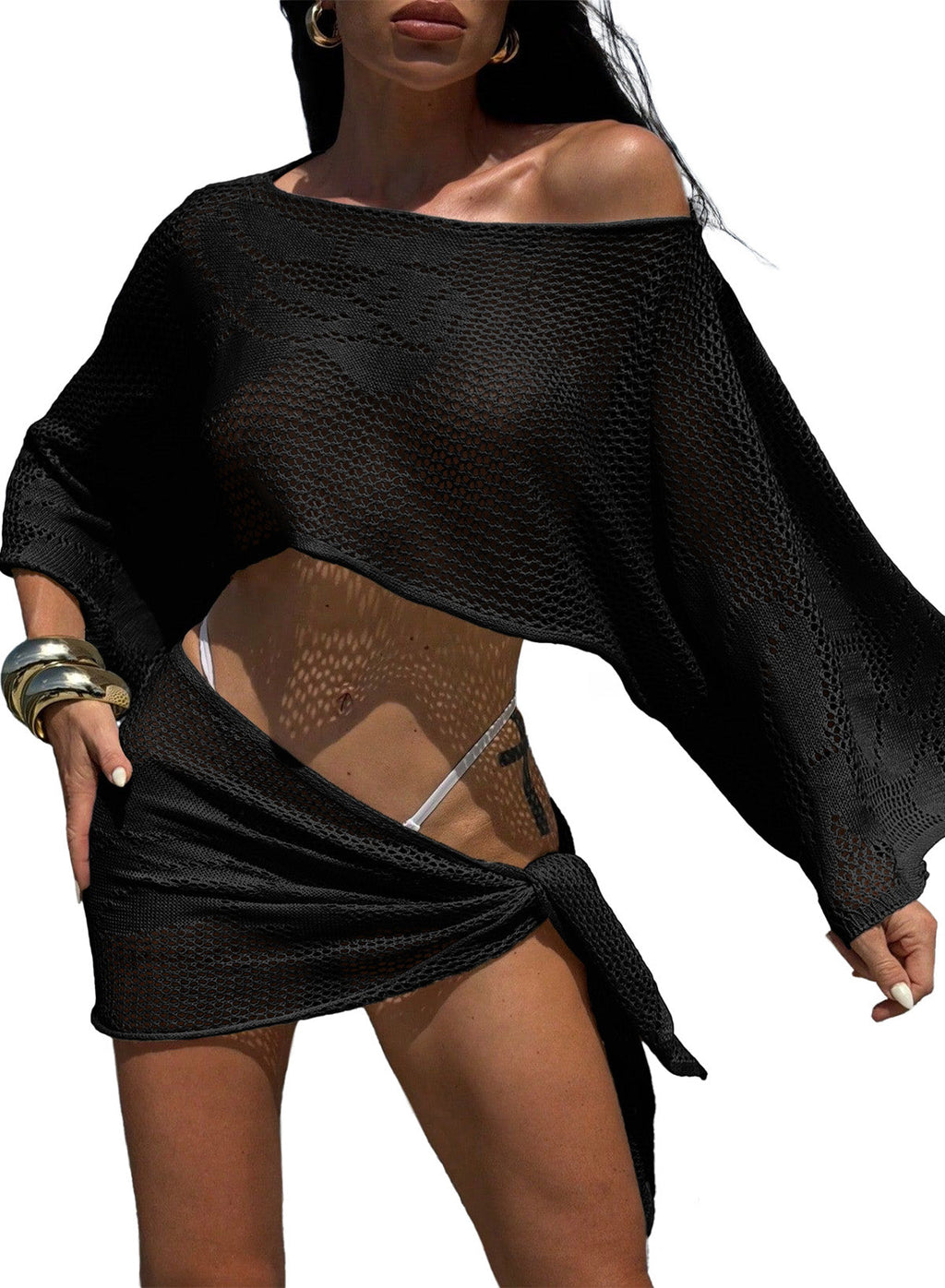 Dokotoo Women's Crochet Sweater Tops Cropped Swimsuits Cover Ups