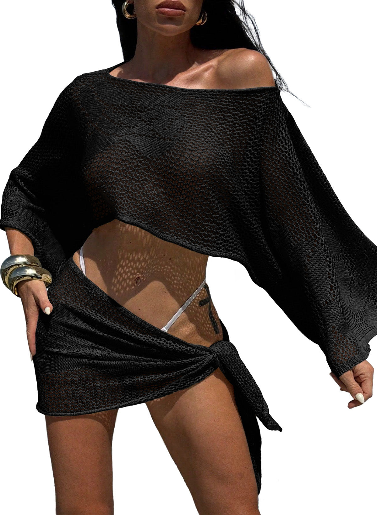 Dokotoo Women's Crochet Sweater Tops Cropped Swimsuits Cover Ups