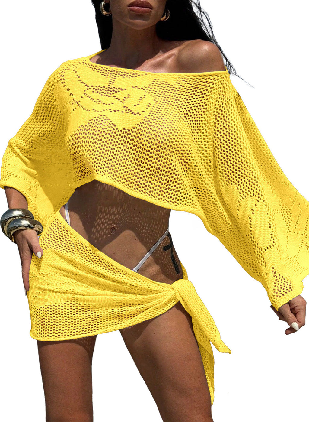 Dokotoo Women's Crochet Sweater Tops Cropped Swimsuits Cover Ups