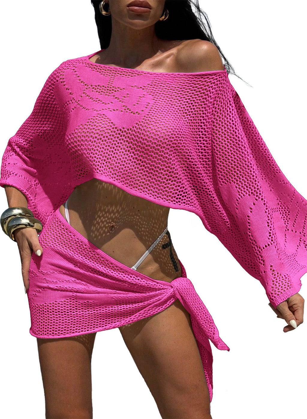 Dokotoo Women's Crochet Sweater Tops Cropped Swimsuits Cover Ups