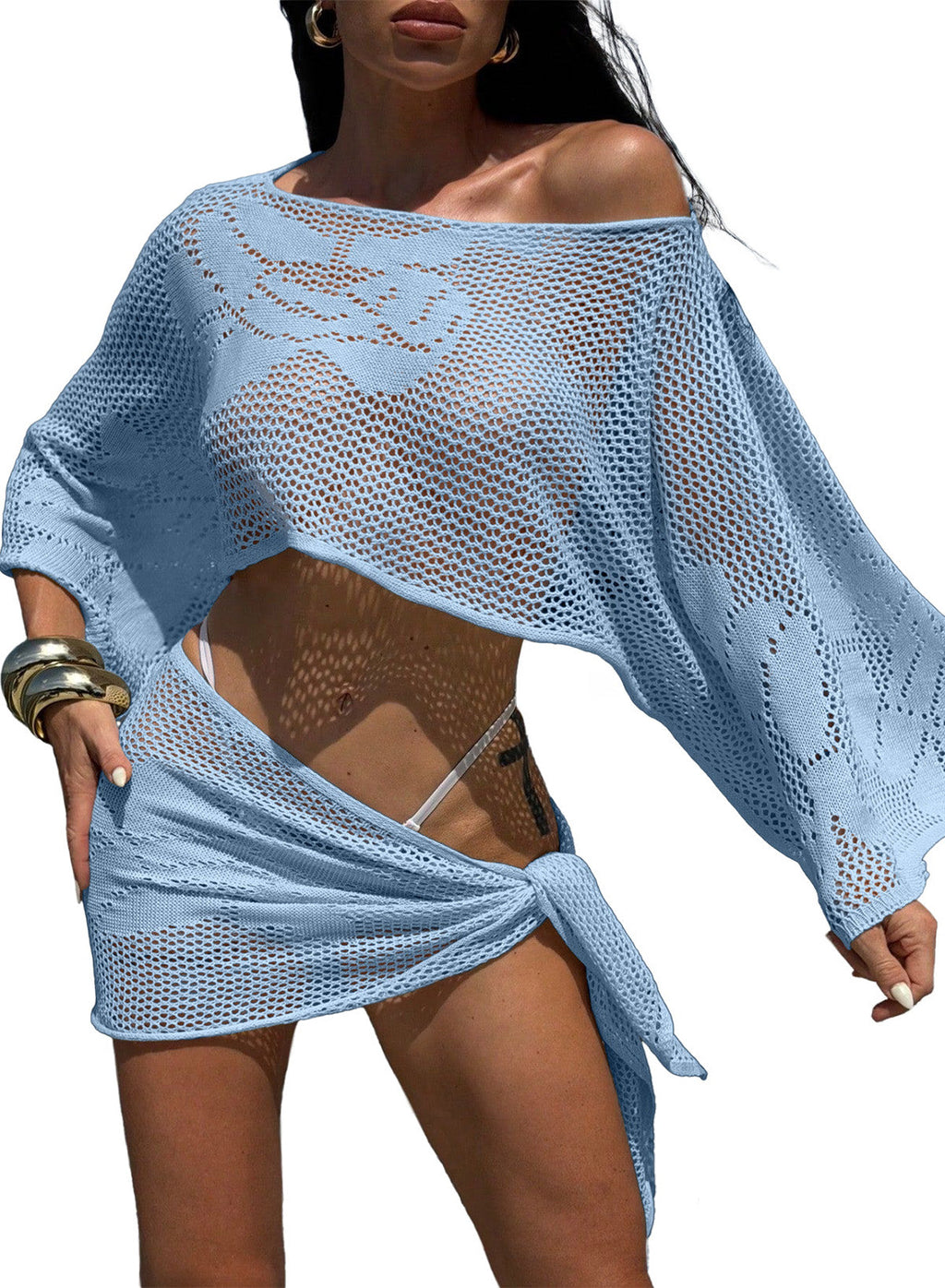 Dokotoo Women's Crochet Sweater Tops Cropped Swimsuits Cover Ups