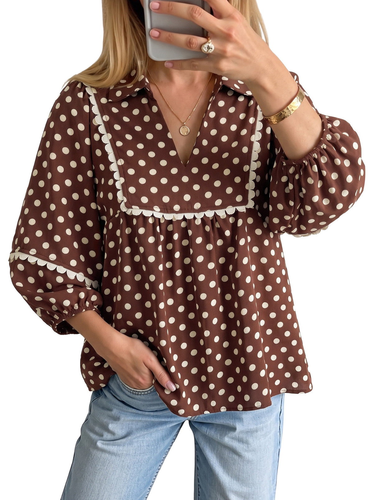 Dokotoo Womens Babydoll Tops 3/4 Sleeve Dressy Casual Blouse Collar Shirts