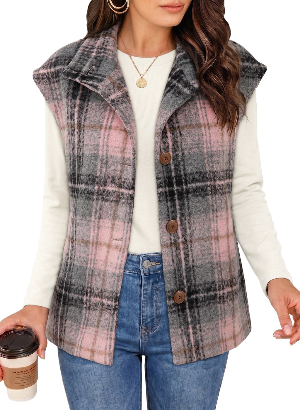 Dokotoo Oversized Plaid Vest Tops for Women Fleece Cap Sleeve Coats