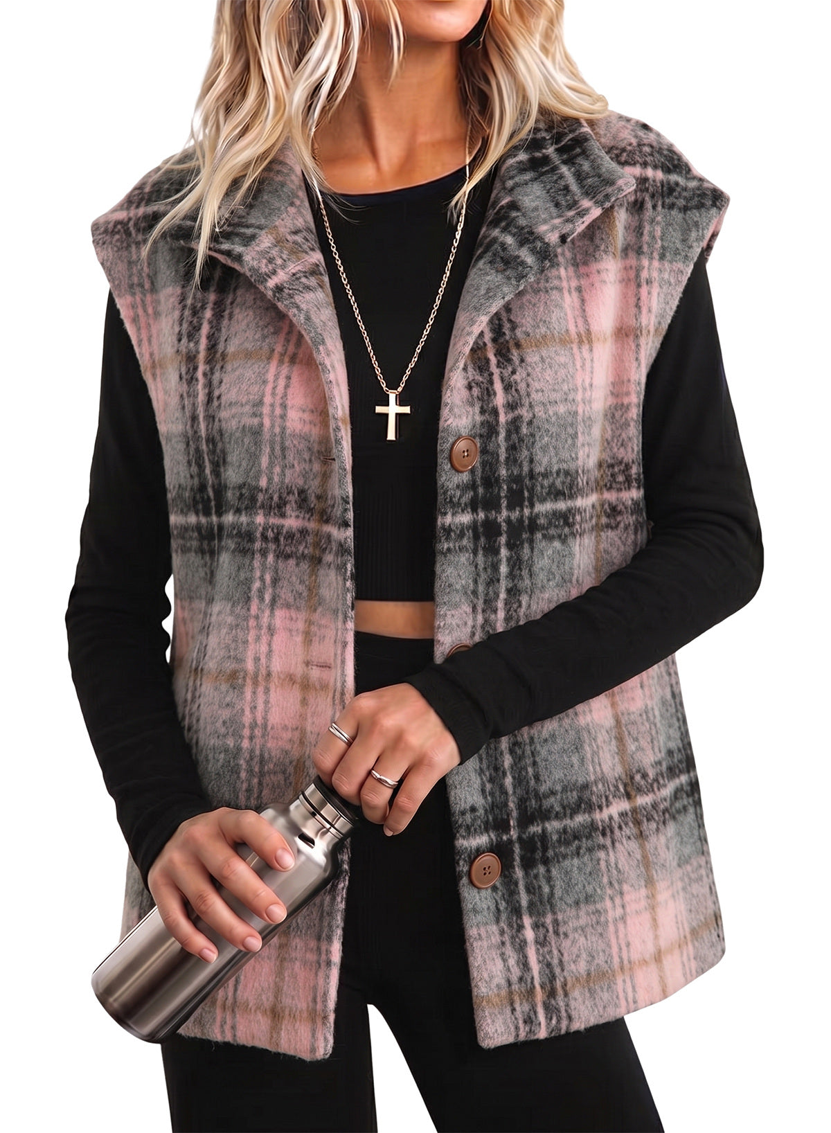 Dokotoo Oversized Plaid Vest Tops for Women Fleece Cap Sleeve Coats