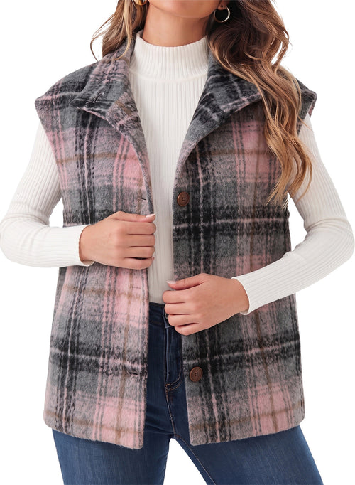 Dokotoo Oversized Plaid Vest Tops for Women Fleece Cap Sleeve Coats