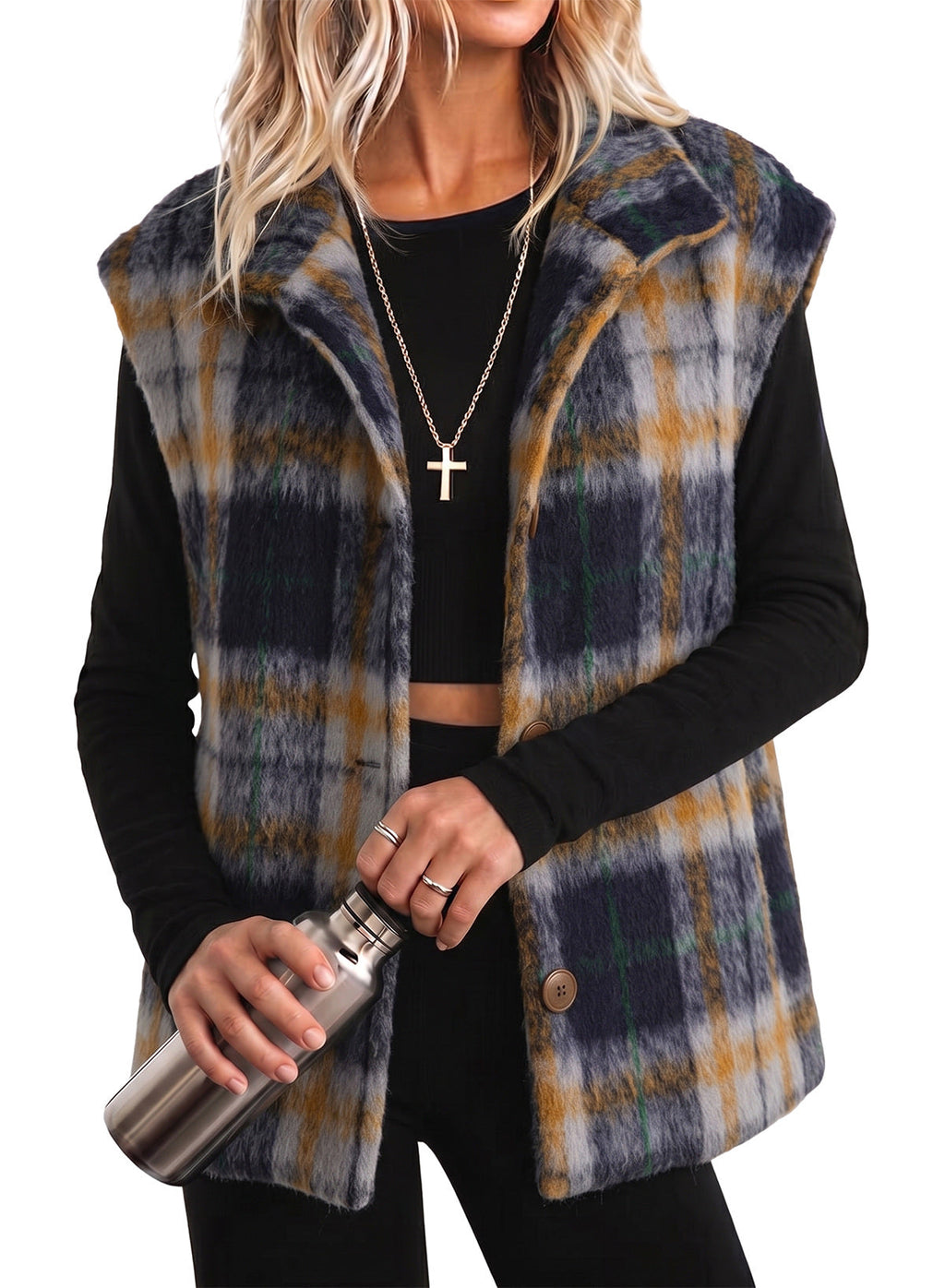 Dokotoo Oversized Plaid Vest Tops for Women Fleece Cap Sleeve Coats