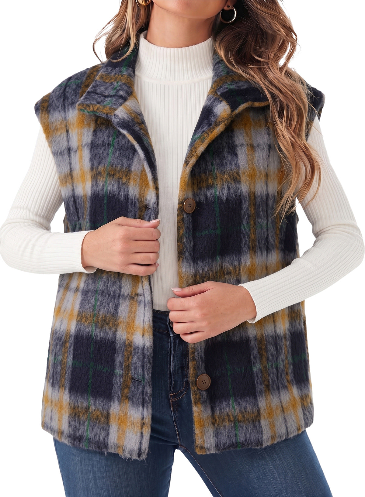 Dokotoo Oversized Plaid Vest Tops for Women Fleece Cap Sleeve Coats
