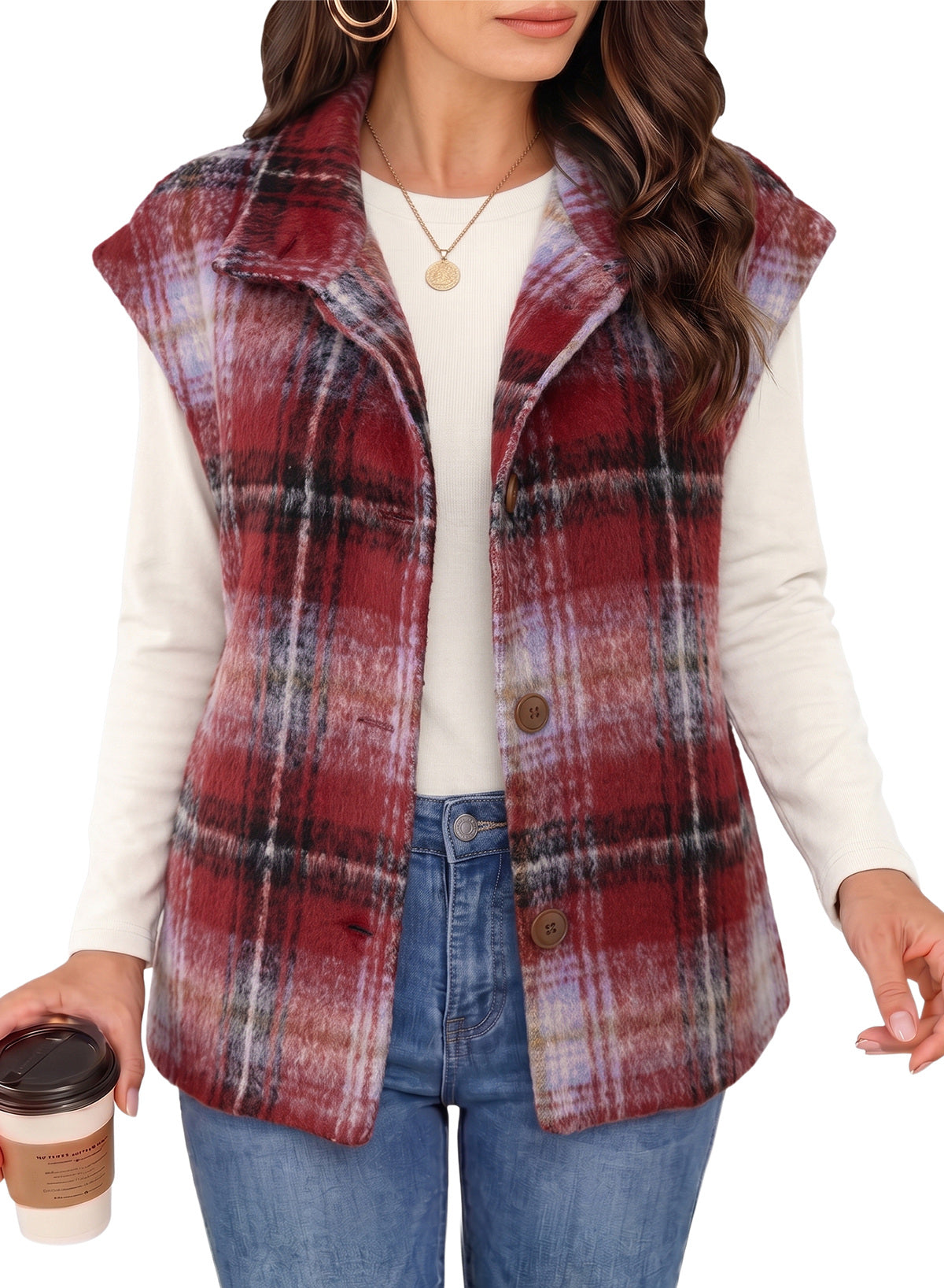 Dokotoo Oversized Plaid Vest Tops for Women Fleece Cap Sleeve Coats
