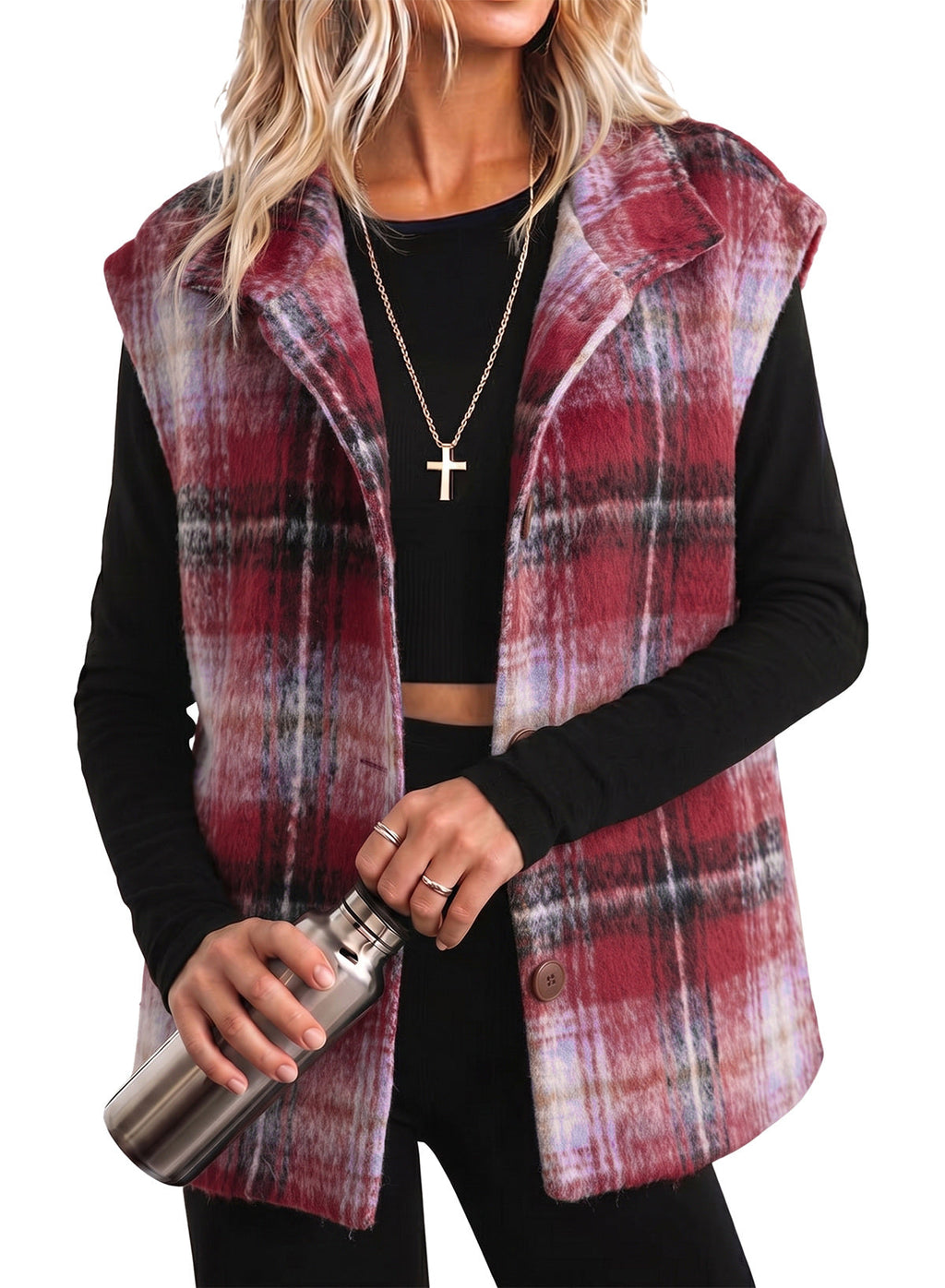 Dokotoo Oversized Plaid Vest Tops for Women Fleece Cap Sleeve Coats