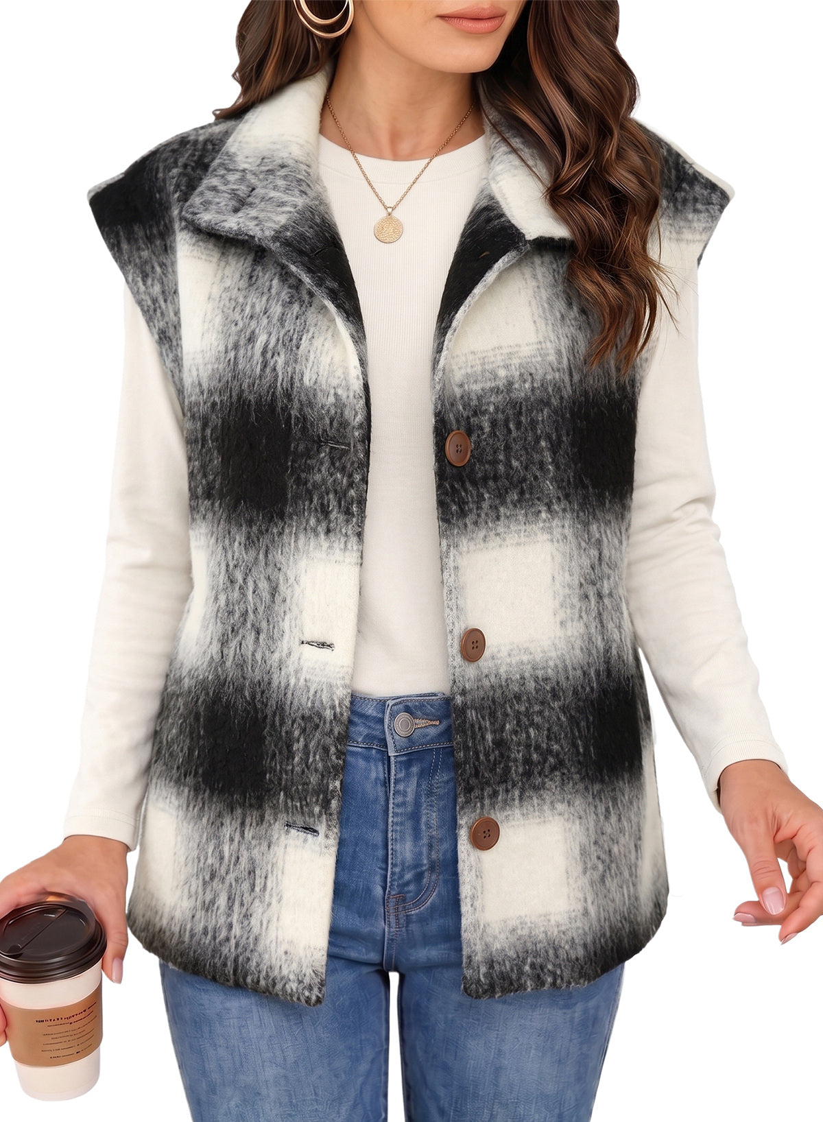 Dokotoo Oversized Plaid Vest Tops for Women Fleece Cap Sleeve Coats