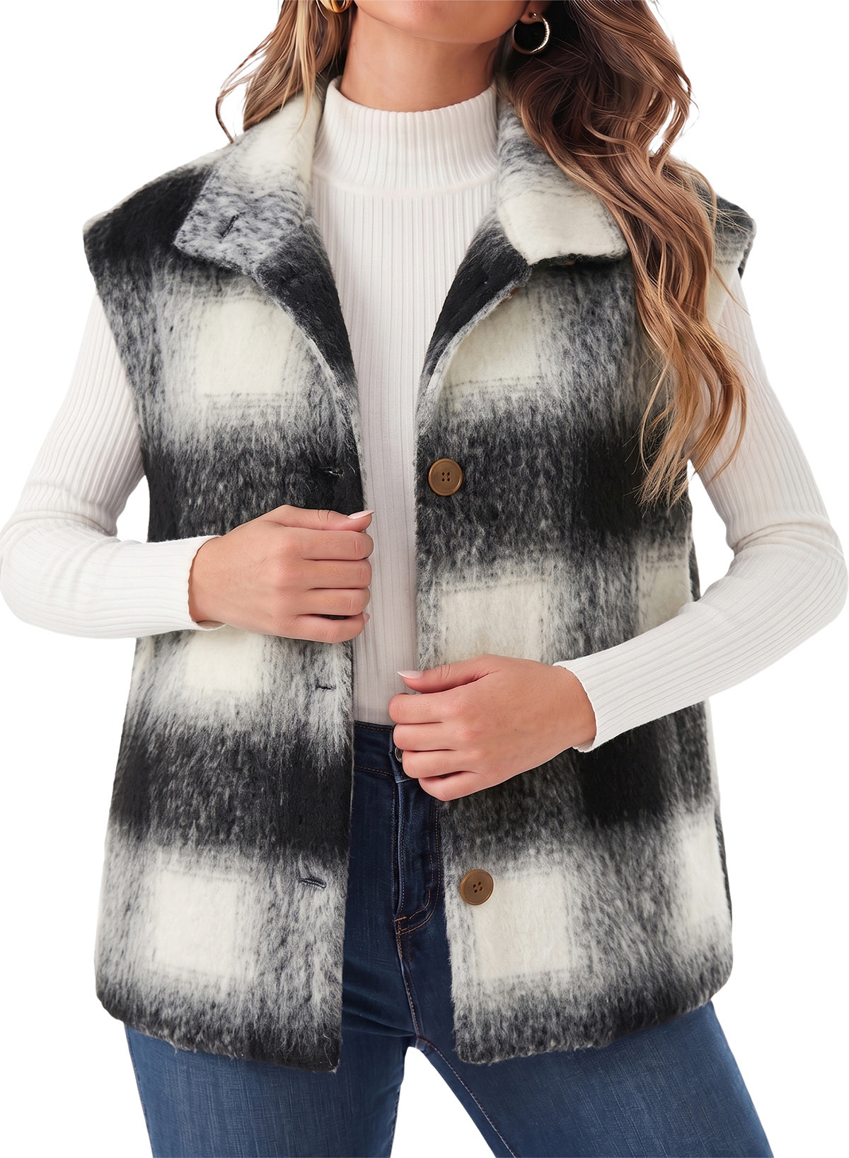 Dokotoo Oversized Plaid Vest Tops for Women Fleece Cap Sleeve Coats