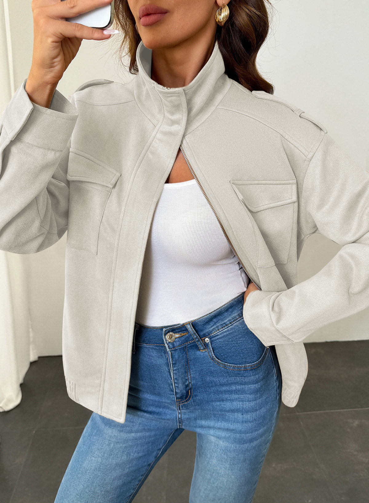 Dokotoo Womens Casual Cropped Bomber Jackets Trendy Solid Zip Up Coats