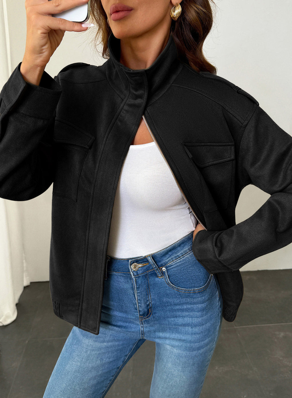 Dokotoo Womens Casual Cropped Bomber Jackets Trendy Solid Zip Up Coats