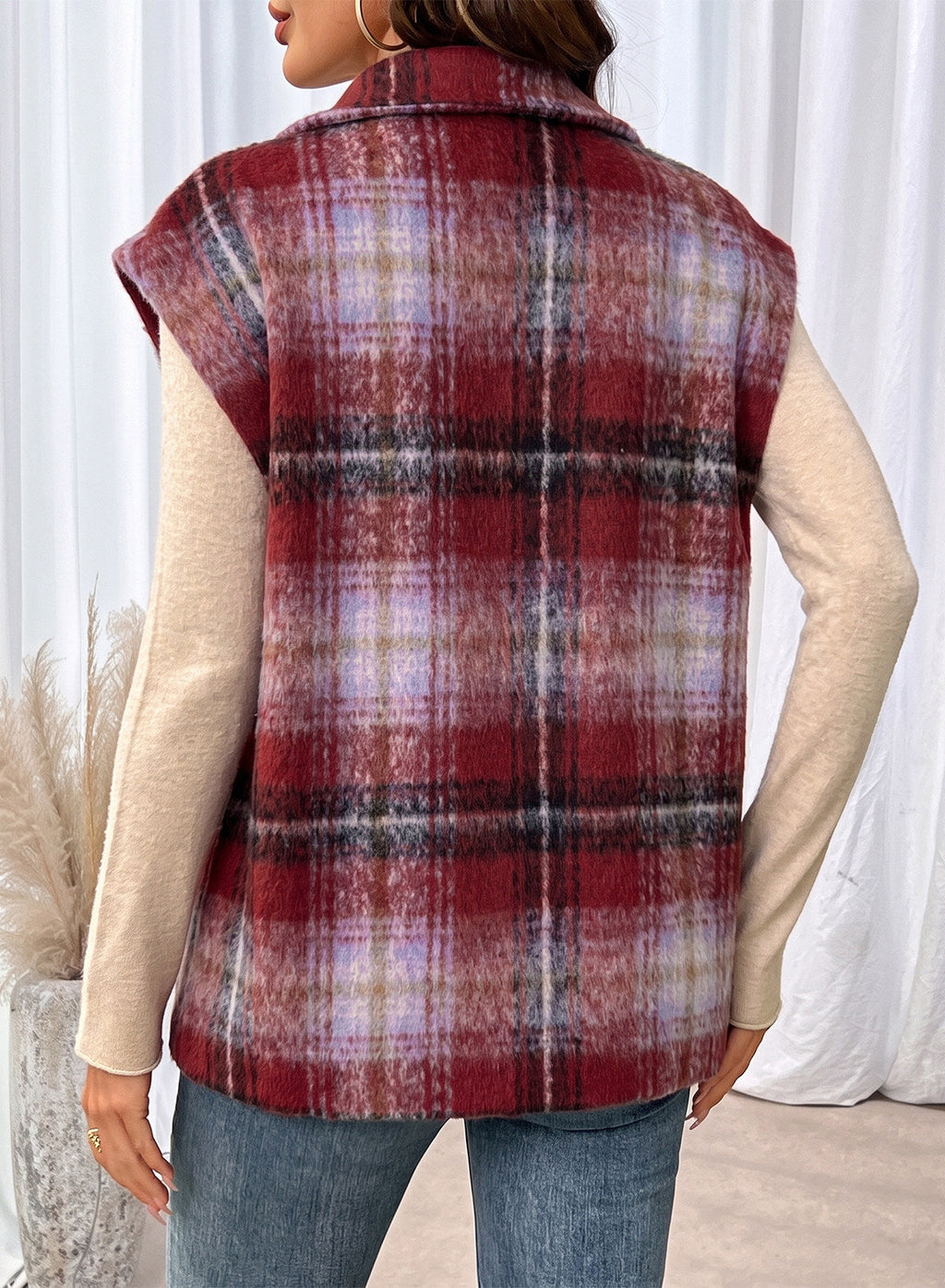 Dokotoo Oversized Plaid Vest Tops for Women Fleece Cap Sleeve Coats