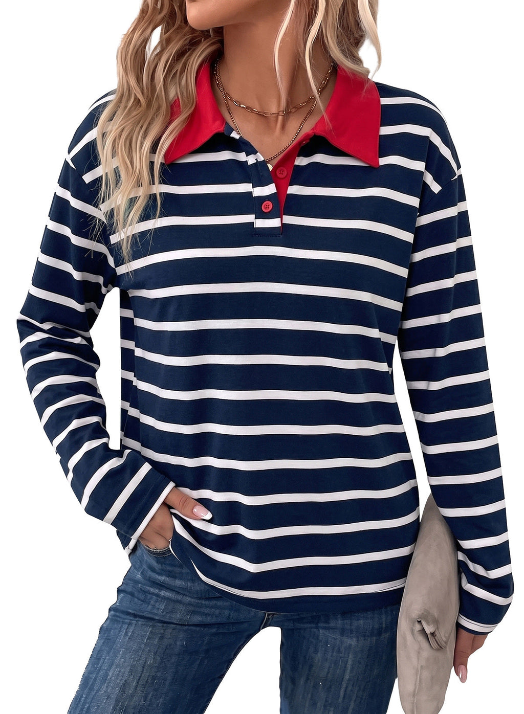 Dokotoo Womens Tops Long Sleeve Striped Color Block Button Down Shirts