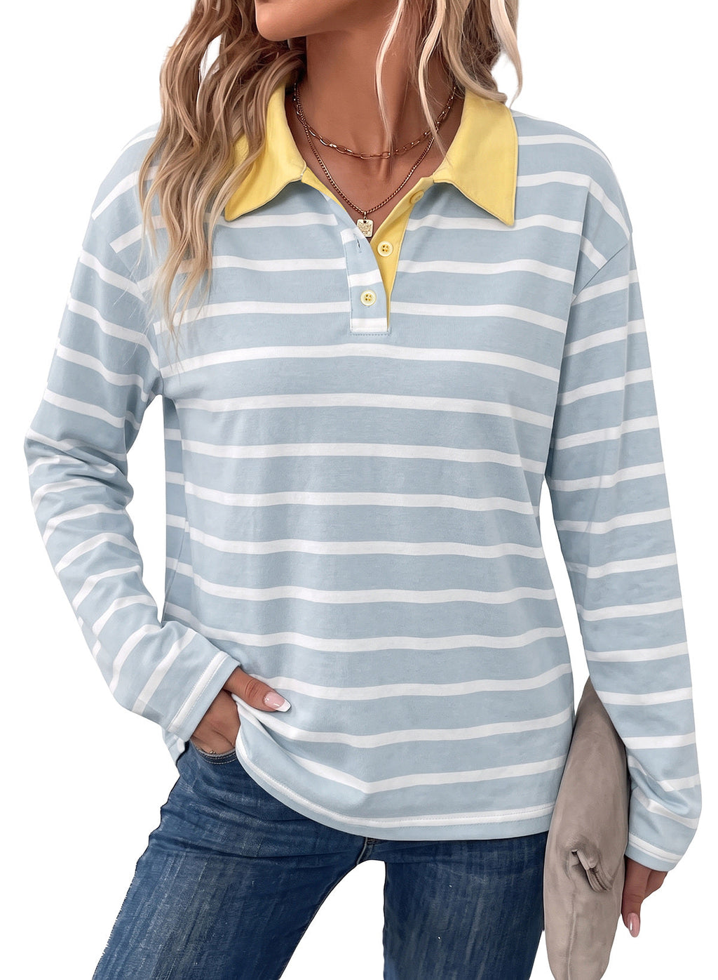 Dokotoo Womens Tops Long Sleeve Striped Color Block Button Down Shirts