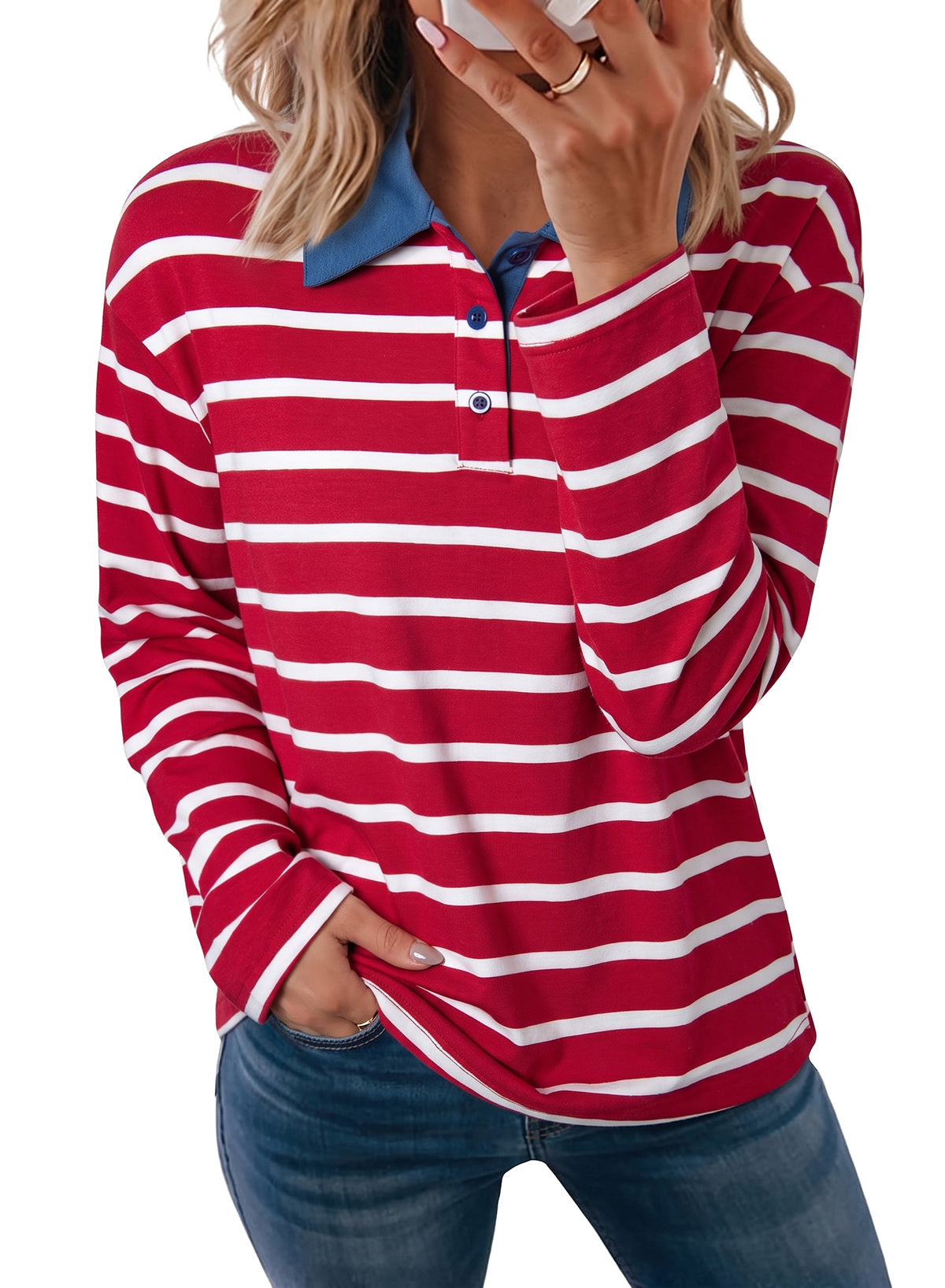 Dokotoo Womens Tops Long Sleeve Striped Color Block Button Down Shirts