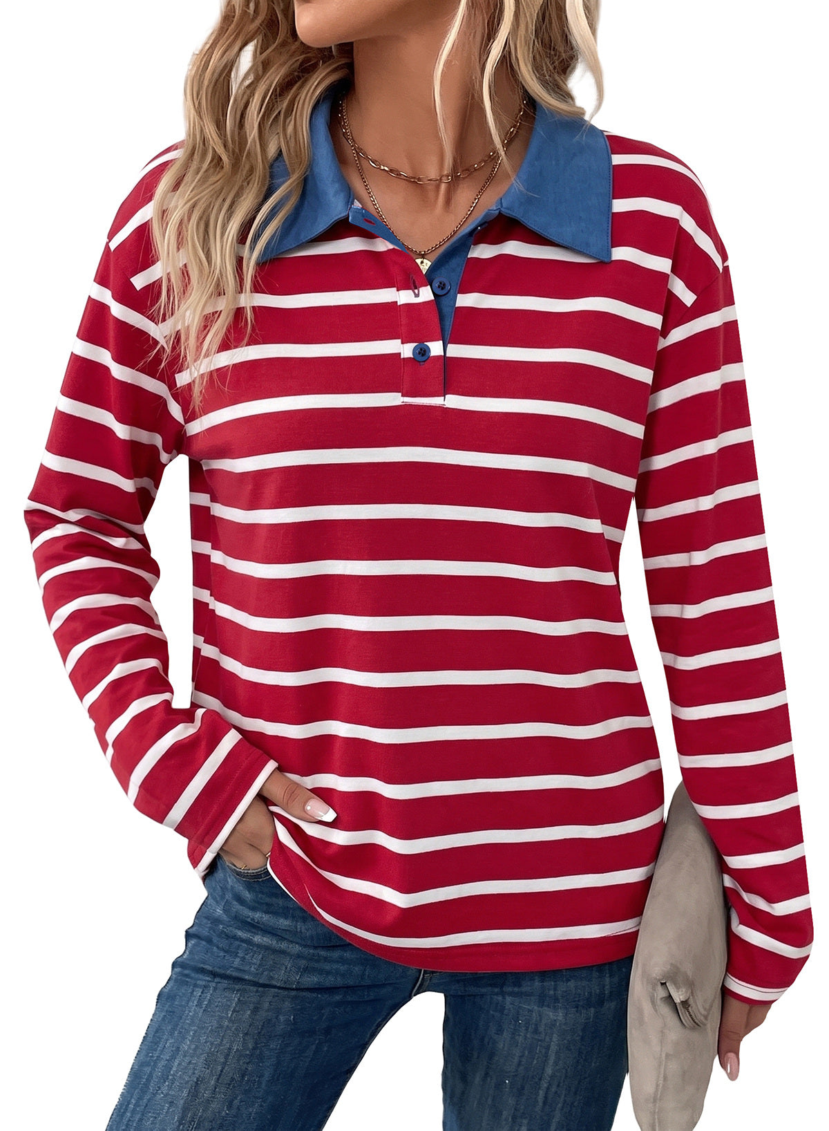 Dokotoo Womens Tops Long Sleeve Striped Color Block Button Down Shirts