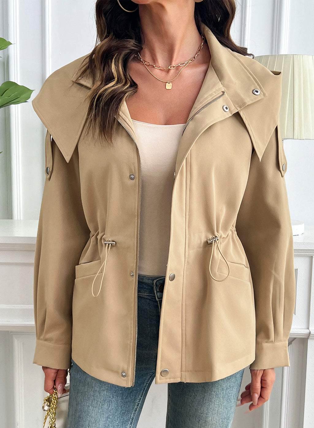 Dokotoo Women's Casual Drawstring Zip Hooded Trench Coat 2026 Outerwear Jacket