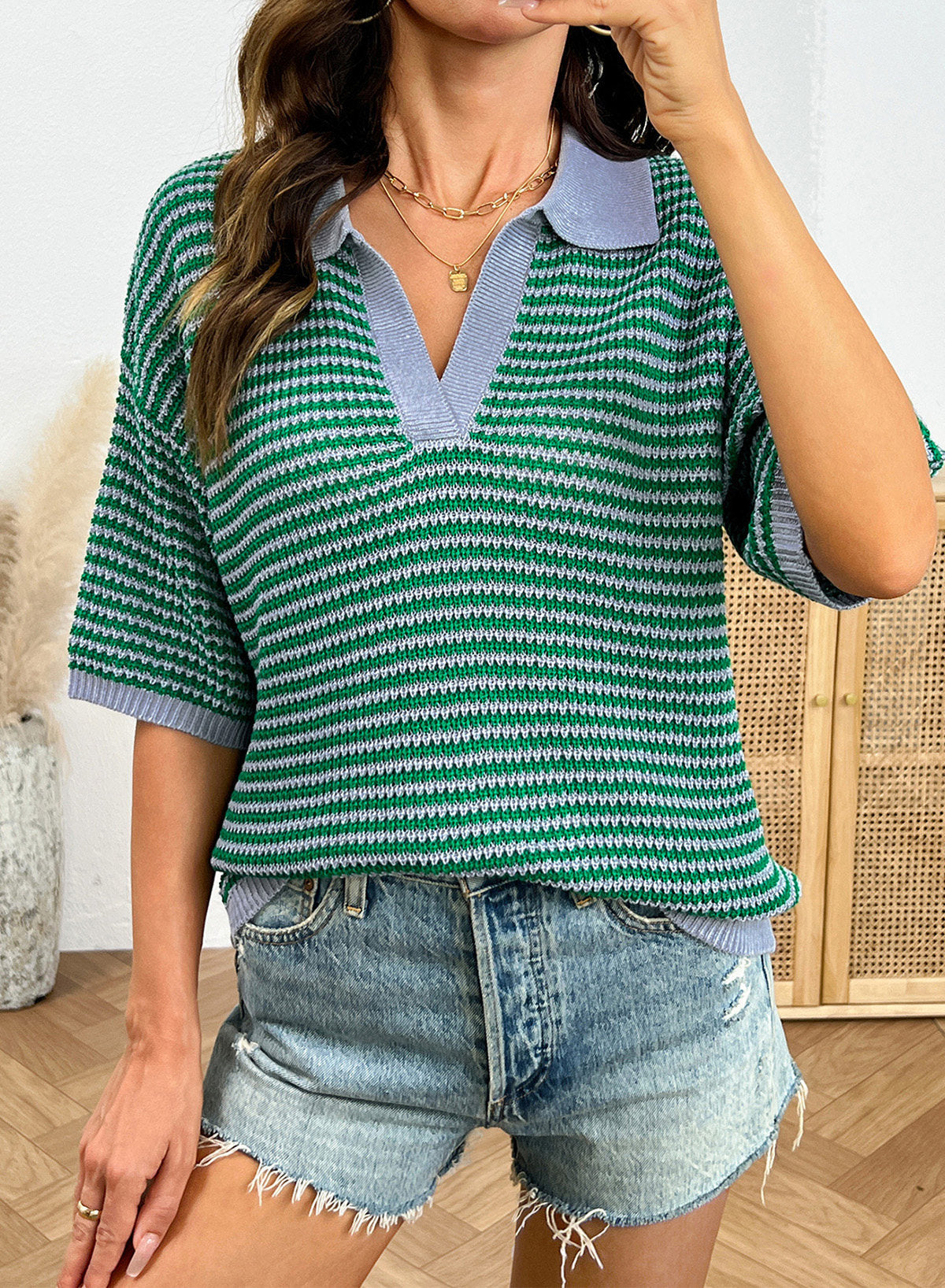 Collared Neck Contrast Striped Top and Shorts Sweater Set