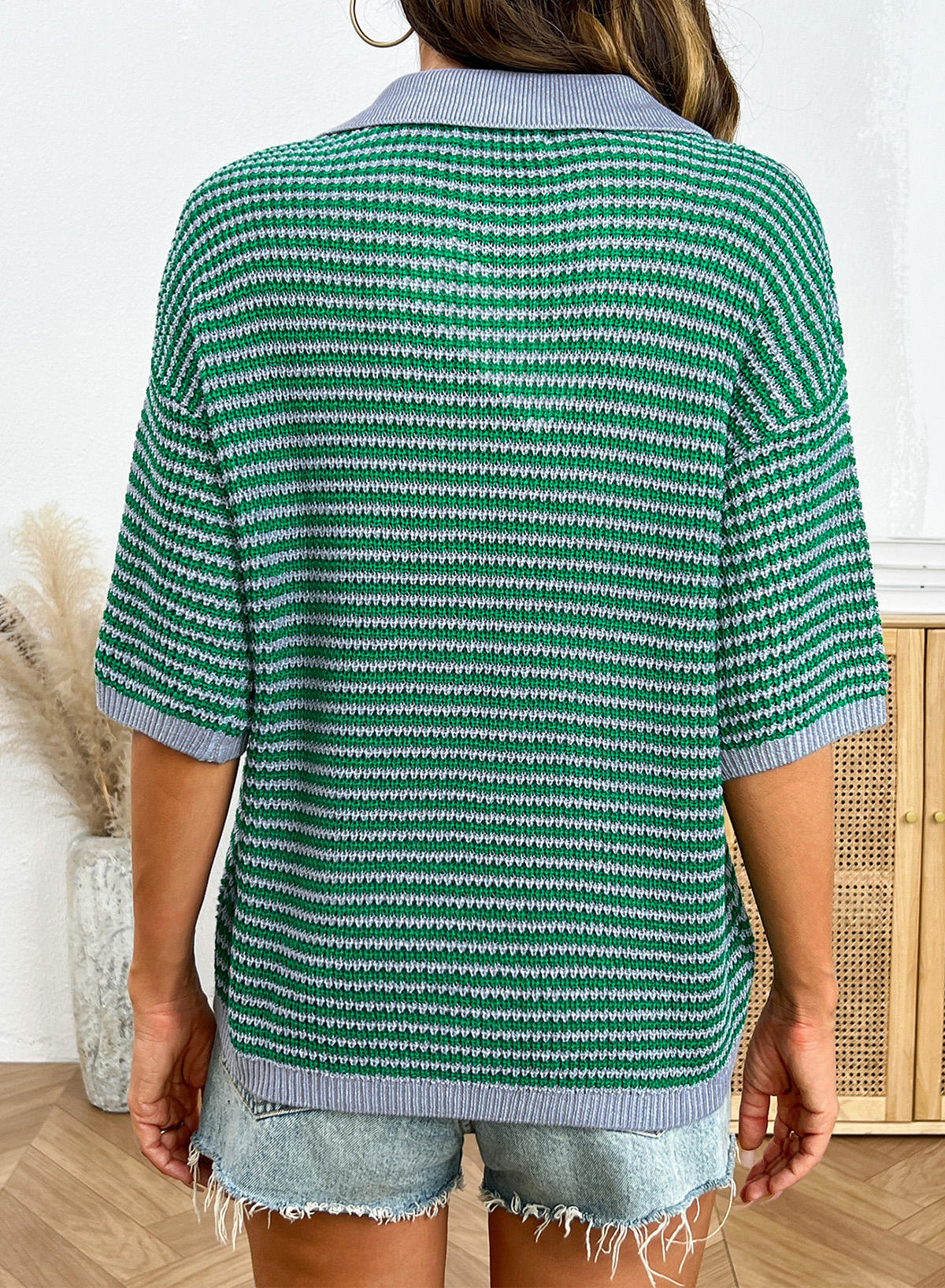 Collared Neck Contrast Striped Top and Shorts Sweater Set