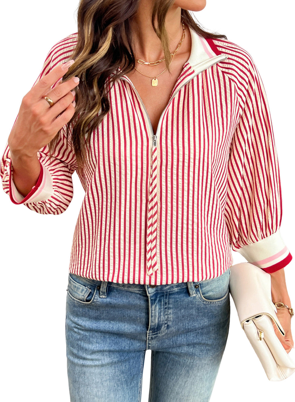Dokotoo Women's 3/4 Sleeve Tops Striped Half Zip 2026 Fall Shirts Blouses