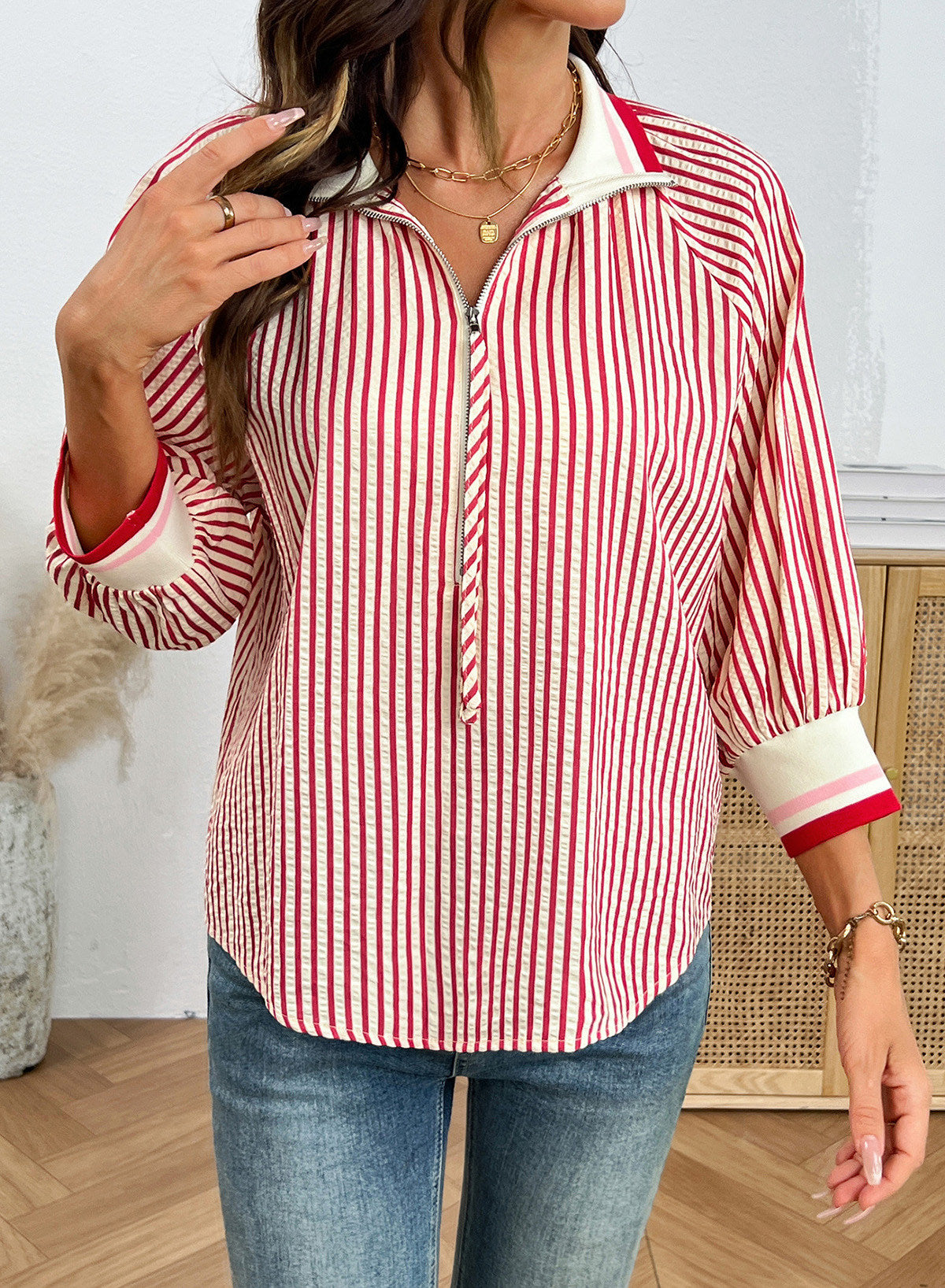 Dokotoo Women's 3/4 Sleeve Tops Striped Half Zip 2026 Fall Shirts Blouses