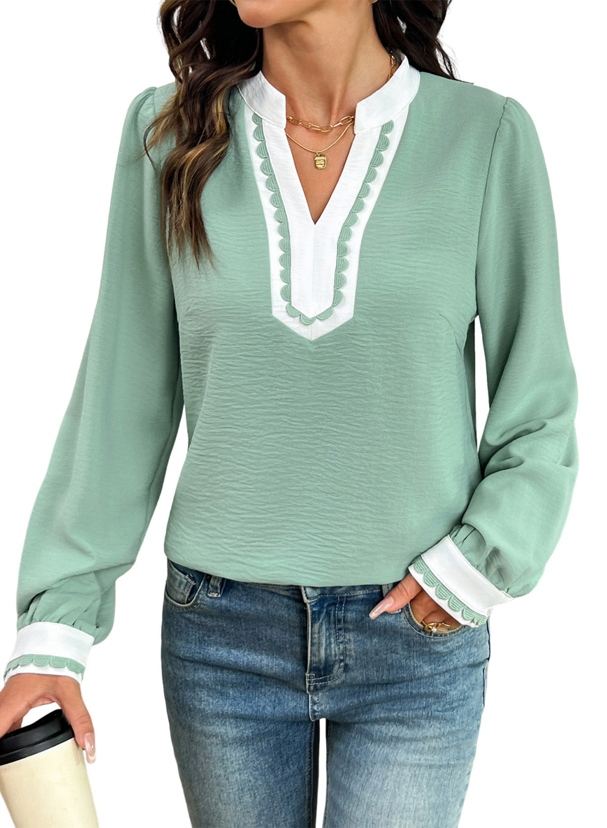 Dokotoo Womens Tops V Neck Long Sleeve Shirts Boho Trim Casual Blouses
