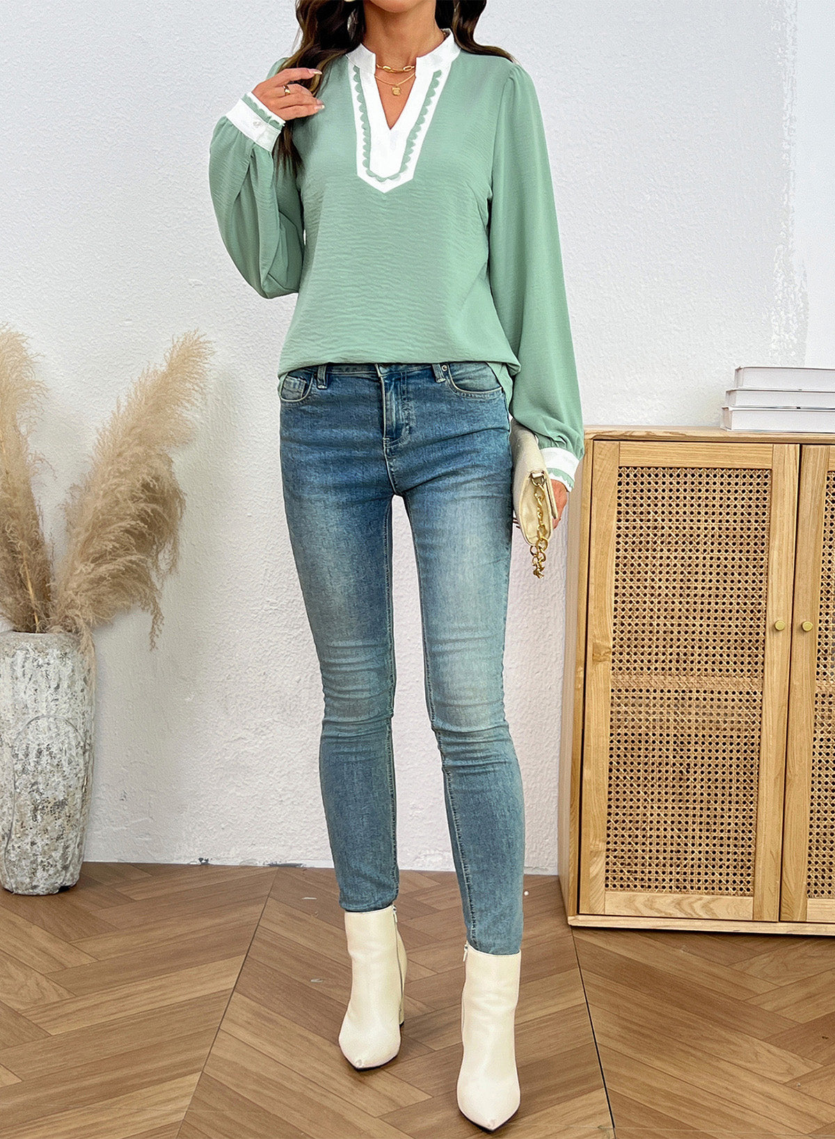 Dokotoo Womens Tops V Neck Long Sleeve Shirts Boho Trim Casual Blouses