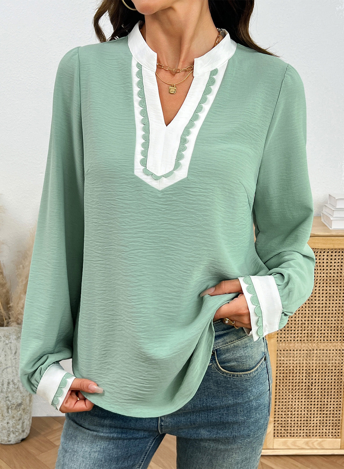 Dokotoo Womens Tops V Neck Long Sleeve Shirts Boho Trim Casual Blouses