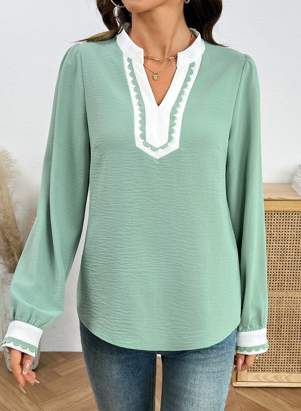 Dokotoo Womens Tops V Neck Long Sleeve Shirts Boho Trim Casual Blouses