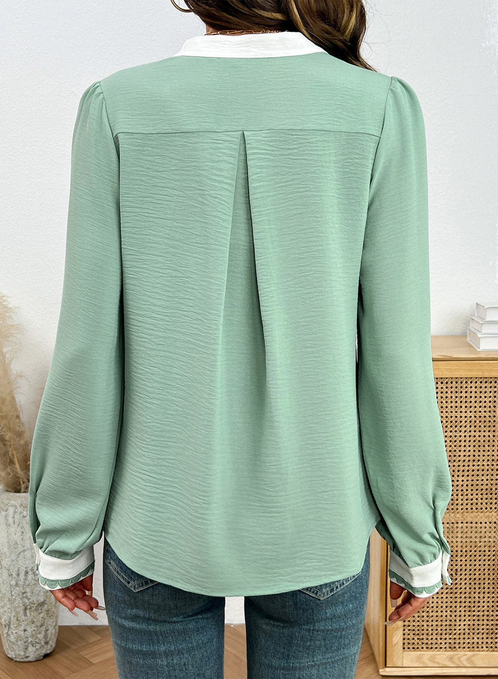 Dokotoo Womens Tops V Neck Long Sleeve Shirts Boho Trim Casual Blouses